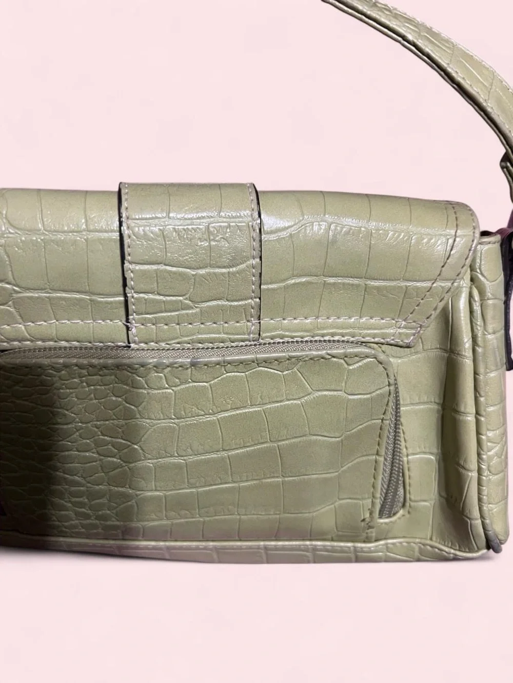 Lime Green Croc-Embossed Shoulder Bag